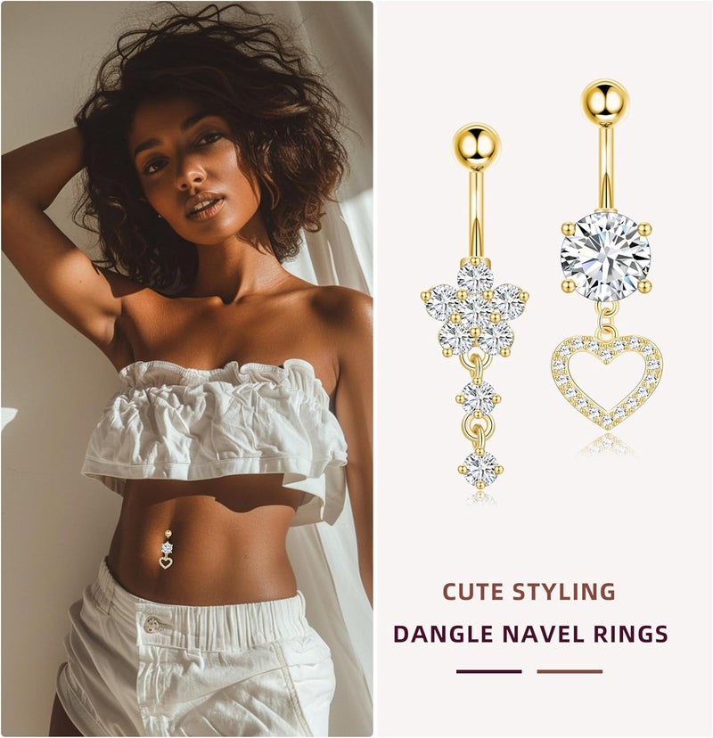 Leocuci Store Surgical Stainless Steel Dangle Belly Button Rings for Women Belly Ring Dangling Piercing Jewelry with Heart Flower Butterfly14G - Image 5